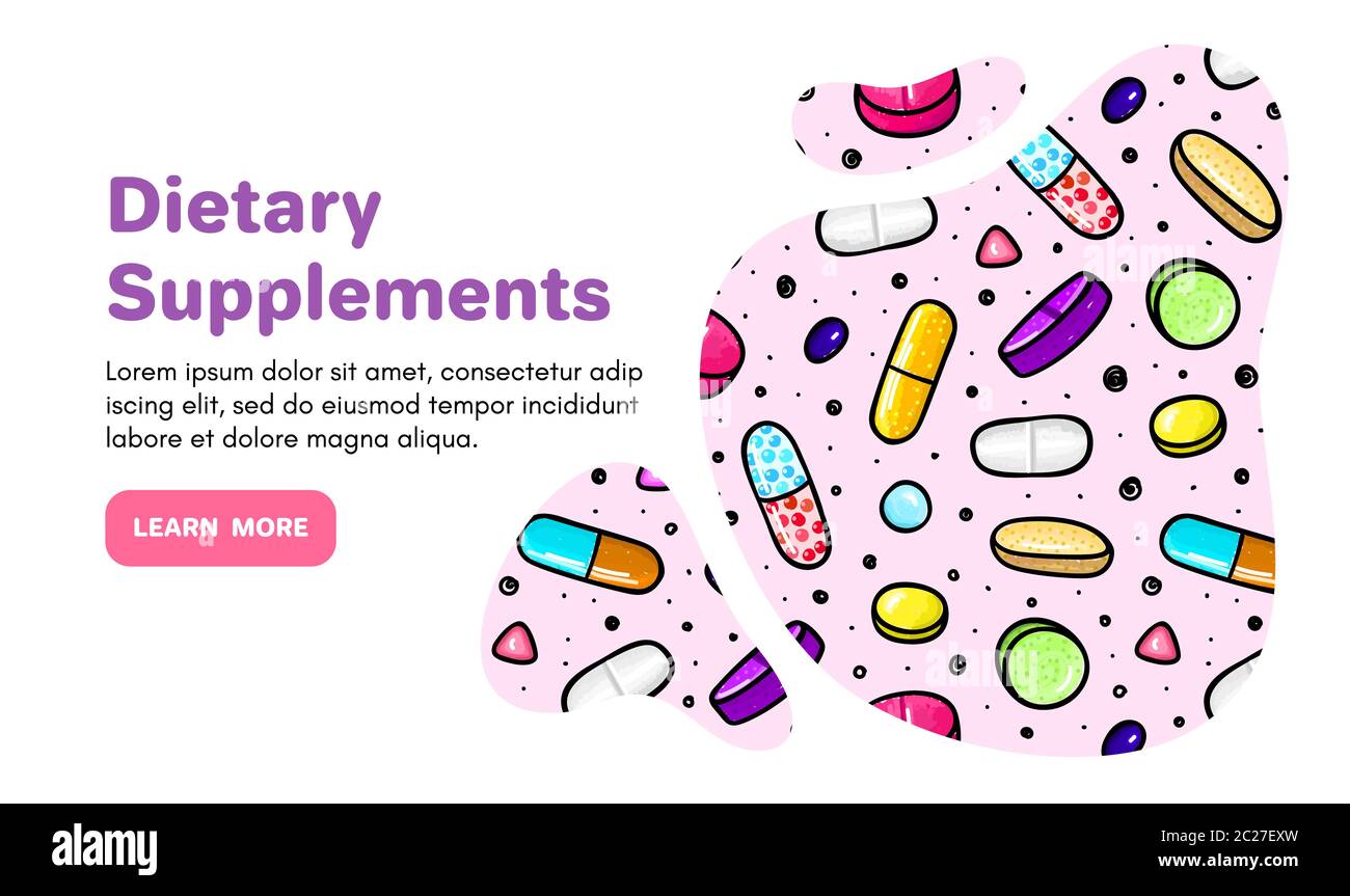 Fond vectoriel avec pilules et capsules. Médicaments ou compléments alimentaires. Doodle. Conception pour cliniques, hôpitaux, pharmacies. Boutique en ligne. Palier p Banque D'Images