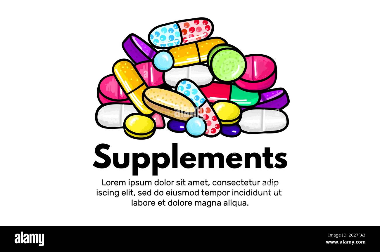 Fond vectoriel avec pilules et capsules. Médicaments ou compléments alimentaires. Doodle. Conception pour cliniques, hôpitaux, pharmacies. Boutique en ligne. Palier p Banque D'Images