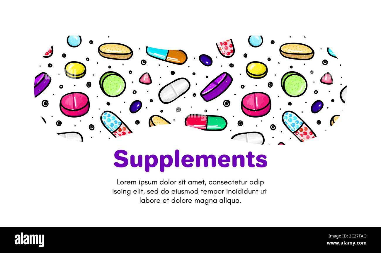 Fond vectoriel avec pilules et capsules. Médicaments ou compléments alimentaires. Doodle. Conception pour cliniques, hôpitaux, pharmacies. Boutique en ligne. Palier p Banque D'Images