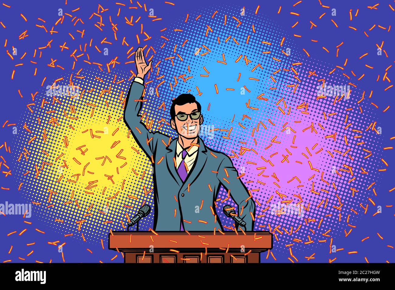 Le président candidat homme politique triomphe la victoire. Comic cartoon retro pop art dessin illustration vectorielle Banque D'Images