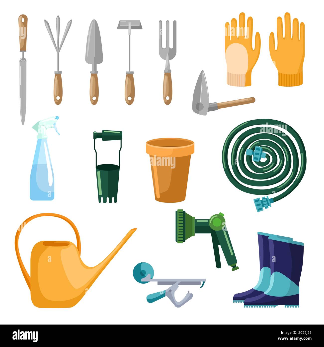 Ensemble d'outils professionnels entretien jardin isolé sur fond blanc dans  un style plat. Pelle de collecte, gants, pot, tuyau, spray, arrosoir,  bottes. Kit Image Vectorielle Stock - Alamy