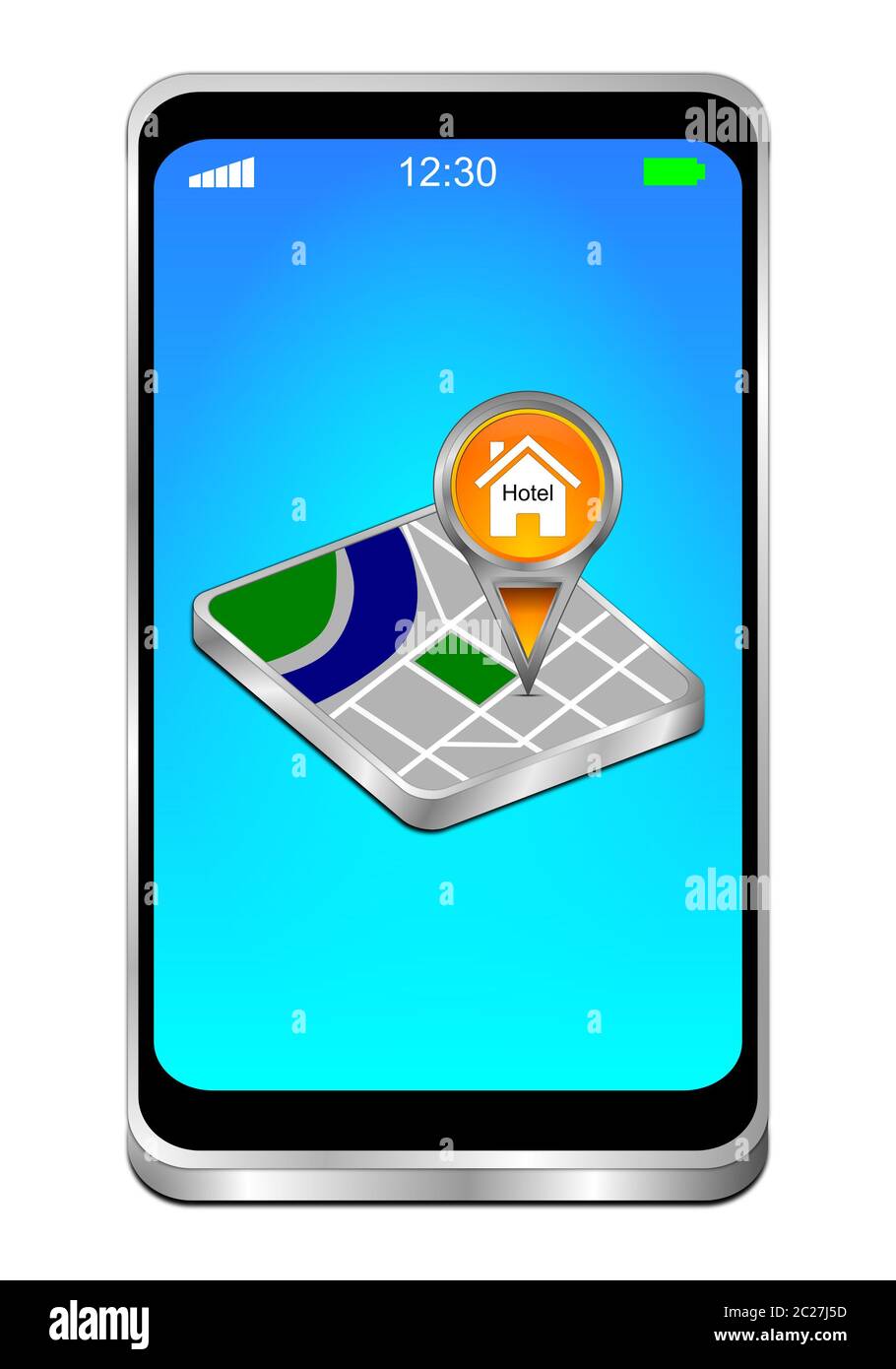Smartphone avec pointeur de carte orange avec symbole d'hôtel sur un bureau bleu - illustration 3D Banque D'Images