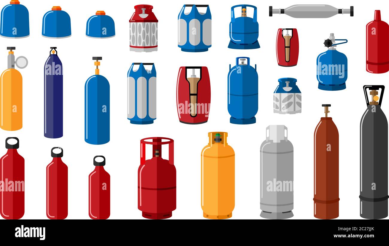 Régler une bouteille de gaz différente sur fond blanc. Equipement pour l'expédition de gaz en toute sécurité illustration vecteur conception isolée. Illustration de Vecteur