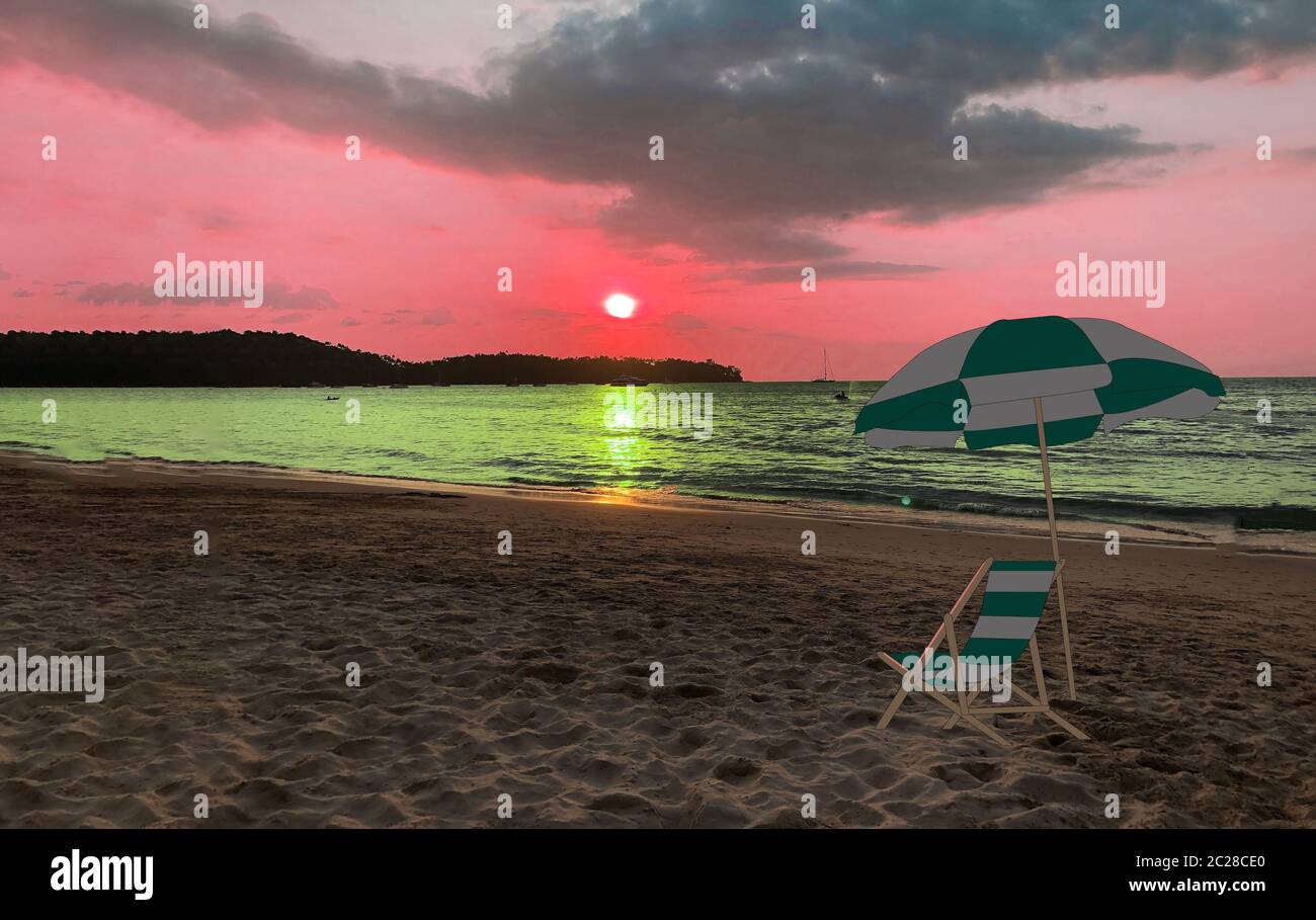 Photo d'une plage avec un palmier sur la mer en Thaïlande, coucher de soleil, traitement irréaliste Banque D'Images