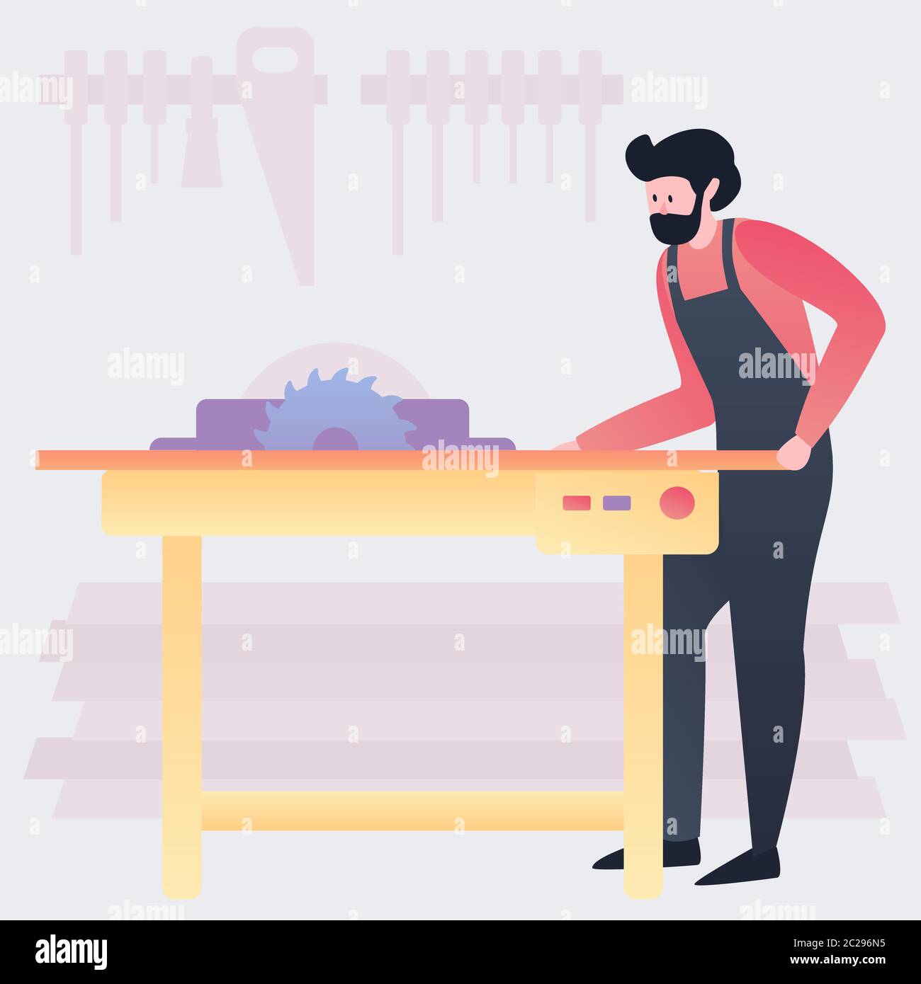 Menuisier avec scie électrique. Concept de travail du bois. Illustration de Vecteur