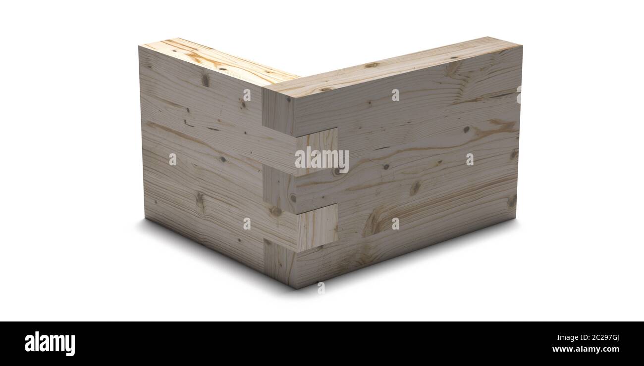 Gabarit de joint de boîte en bois, concept de raccordement en queue d'aronde. Travail du bois de l'assemblage de coin avec joints de doigt isolés sur fond blanc. Gros plan. 3d illus Banque D'Images