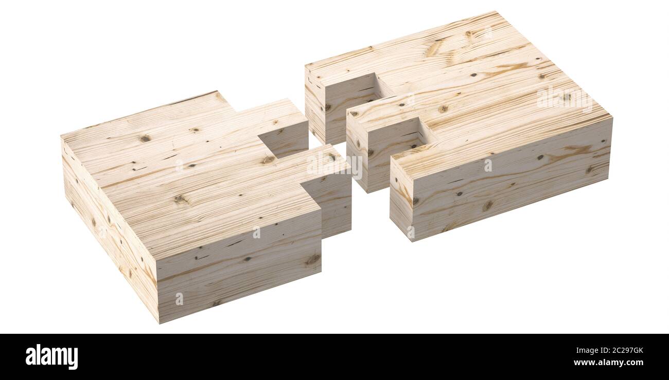 Gabarit de joint de boîte en bois, concept de raccordement en queue d'aronde. Travail du bois de pièces séparées pour l'assemblage avec joints de doigt isolés sur fond blanc. 3d i Banque D'Images