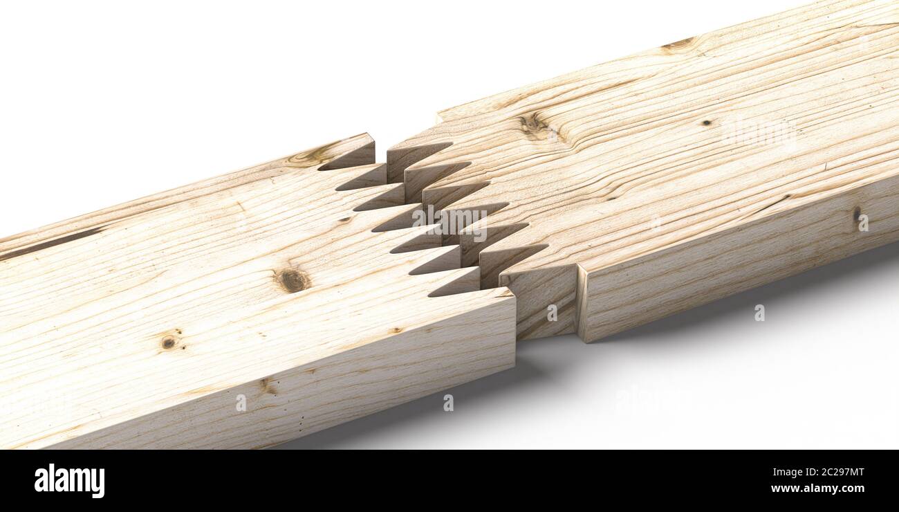 Concept de connexion en bois à joint de doigt. Travail du bois en zigzag à l'extrémité des pièces pour l'épissage sur fond blanc. illustration 3d Banque D'Images