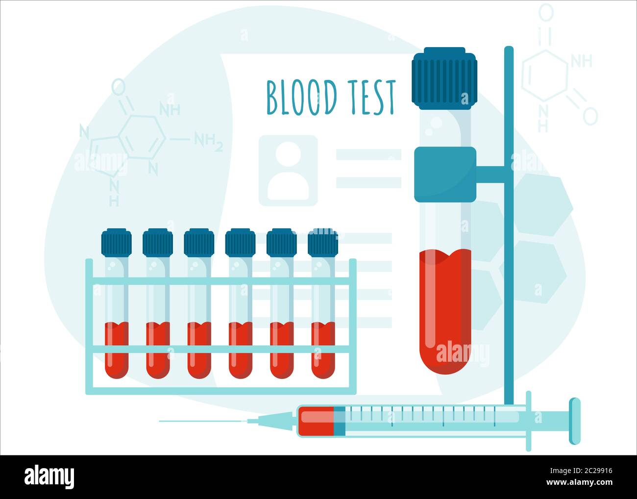 Concept de vecteur de test sanguin. Échantillon de sang dans le tube. Laboratoire de diagnostic et de recherche médicale. Illustration de Vecteur