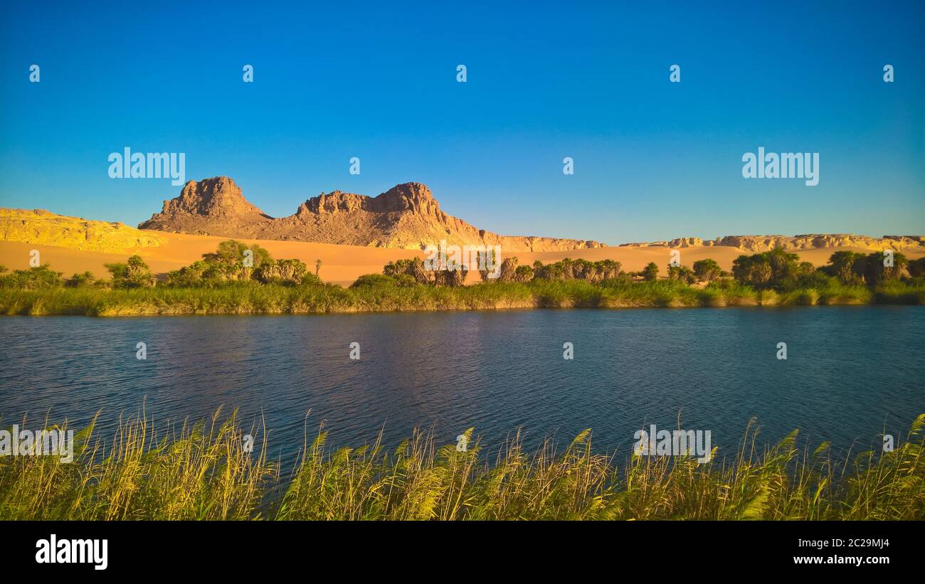 Vue panoramique sur le lac Boukkou, groupe de lacs d'Ounianga Serir à Ennedi, Tchad Banque D'Images