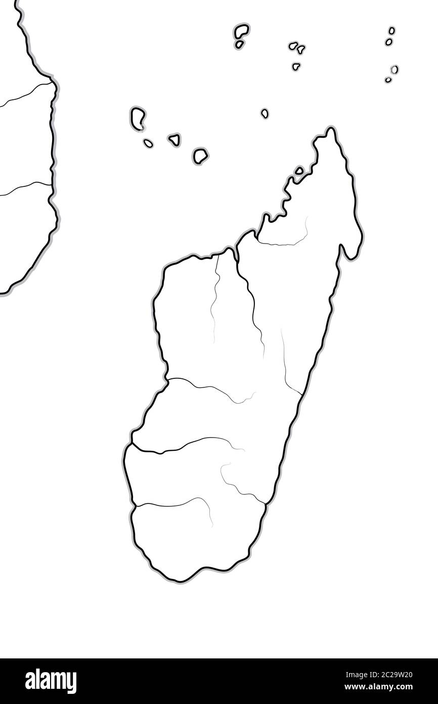 Carte du monde de MADAGASCAR. Carte géographique avec littoral océanique, atolls, îlots et îles. Banque D'Images