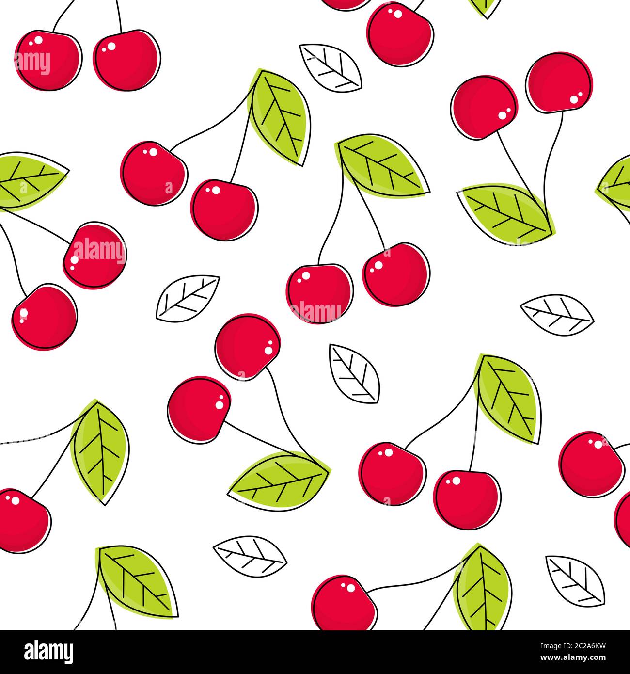 Motif vectoriel sans couture Cherry. Cerises rouges et feuilles de ligne avec un trait de coolé noir sur fond blanc Illustration de Vecteur