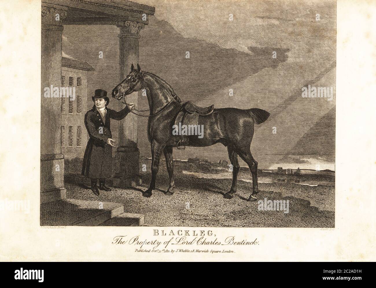 Portrait d'un cheval de race pure, Blackleg. La propriété de Lord Charles Bentinck. Élevé par le duc de Portland, obtenu par l'honnêteté, qui a été obtenu par Hérode d'un hack très célèbre. Gravure de copperplate par J. Scott après une peinture de Benjamin Marshall du Sporting Magazine, ou Calendrier mensuel des transactions de la Turf et du Chace, John Wheble, Londres, 1812. Banque D'Images