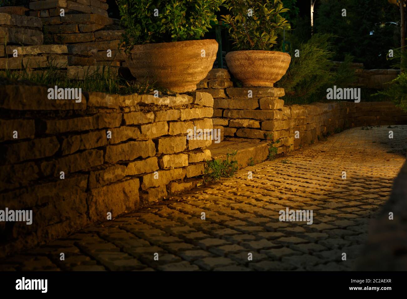 pots de jardin avec plantes illuminées par de belles lanternes de jardin vintage Banque D'Images