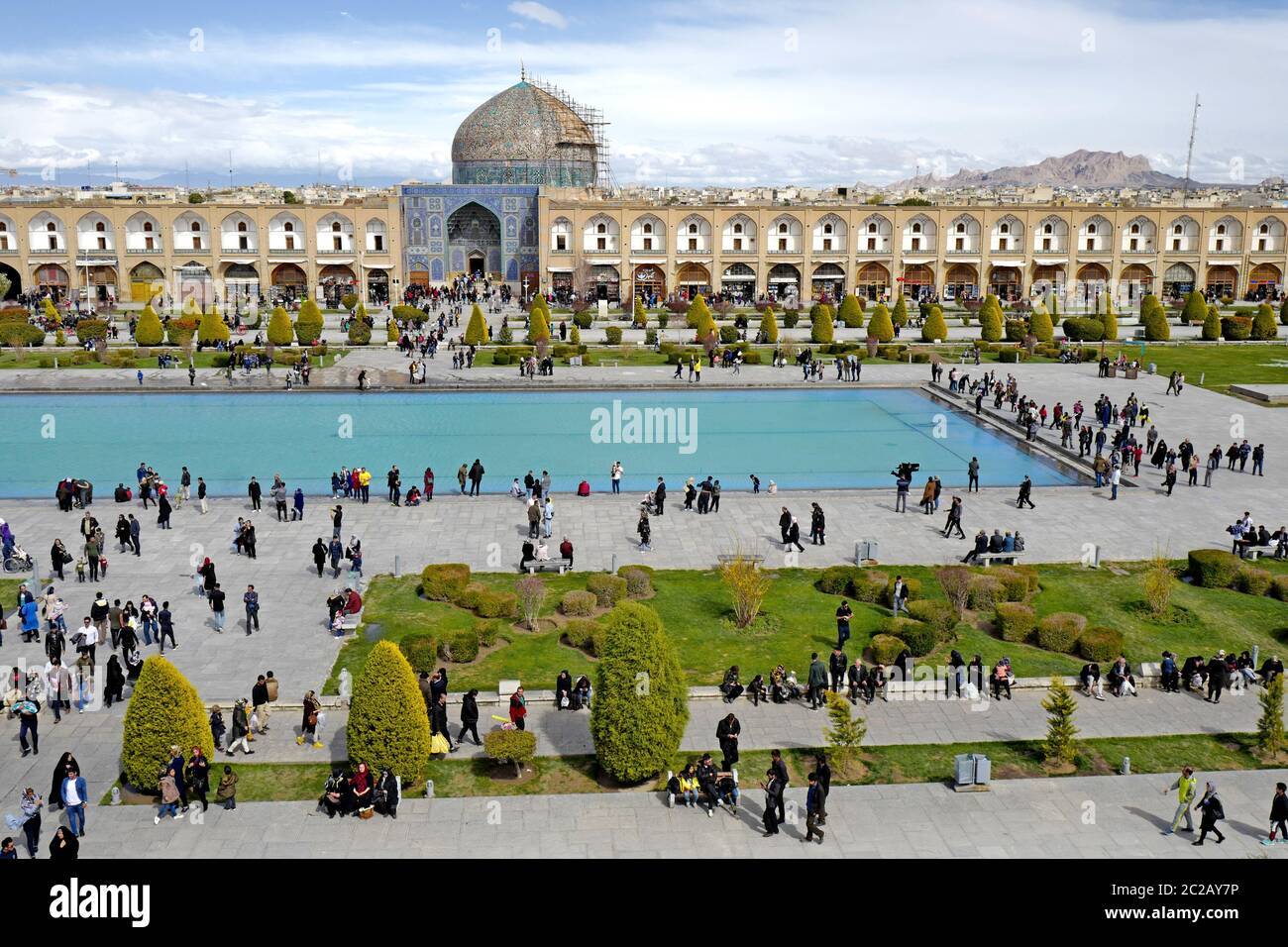 Vue panoramique sur la place Naqsh-e Jahan, avec sa fontaine jardin.Palace, à Esfahan, Iran Banque D'Images