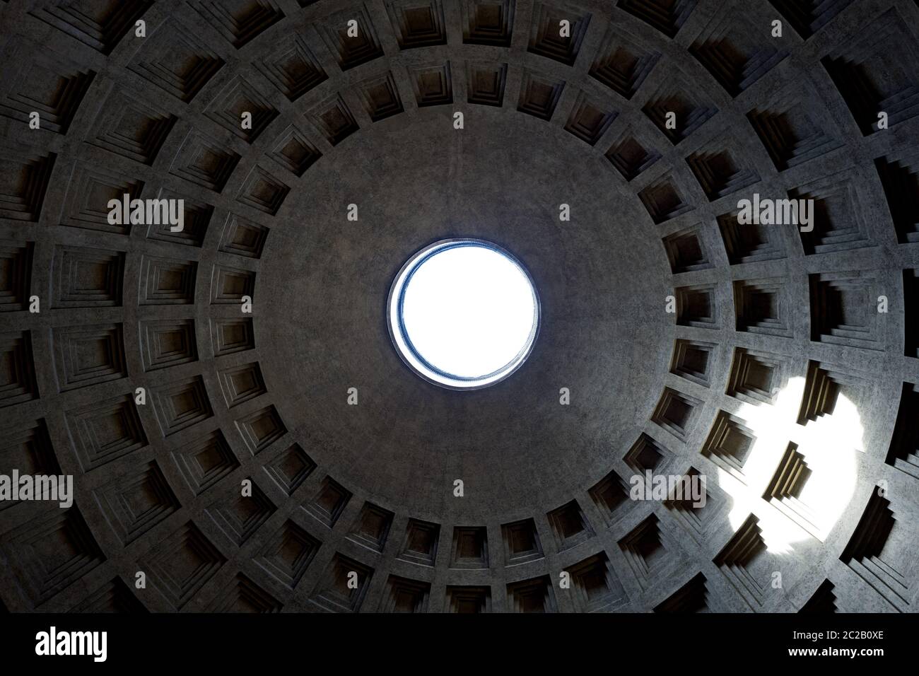Le dôme intérieur du temple du Panthéon, avec un trou central pour la lumière du soleil, fondé pendant l'Empire romain, à Rome. Banque D'Images