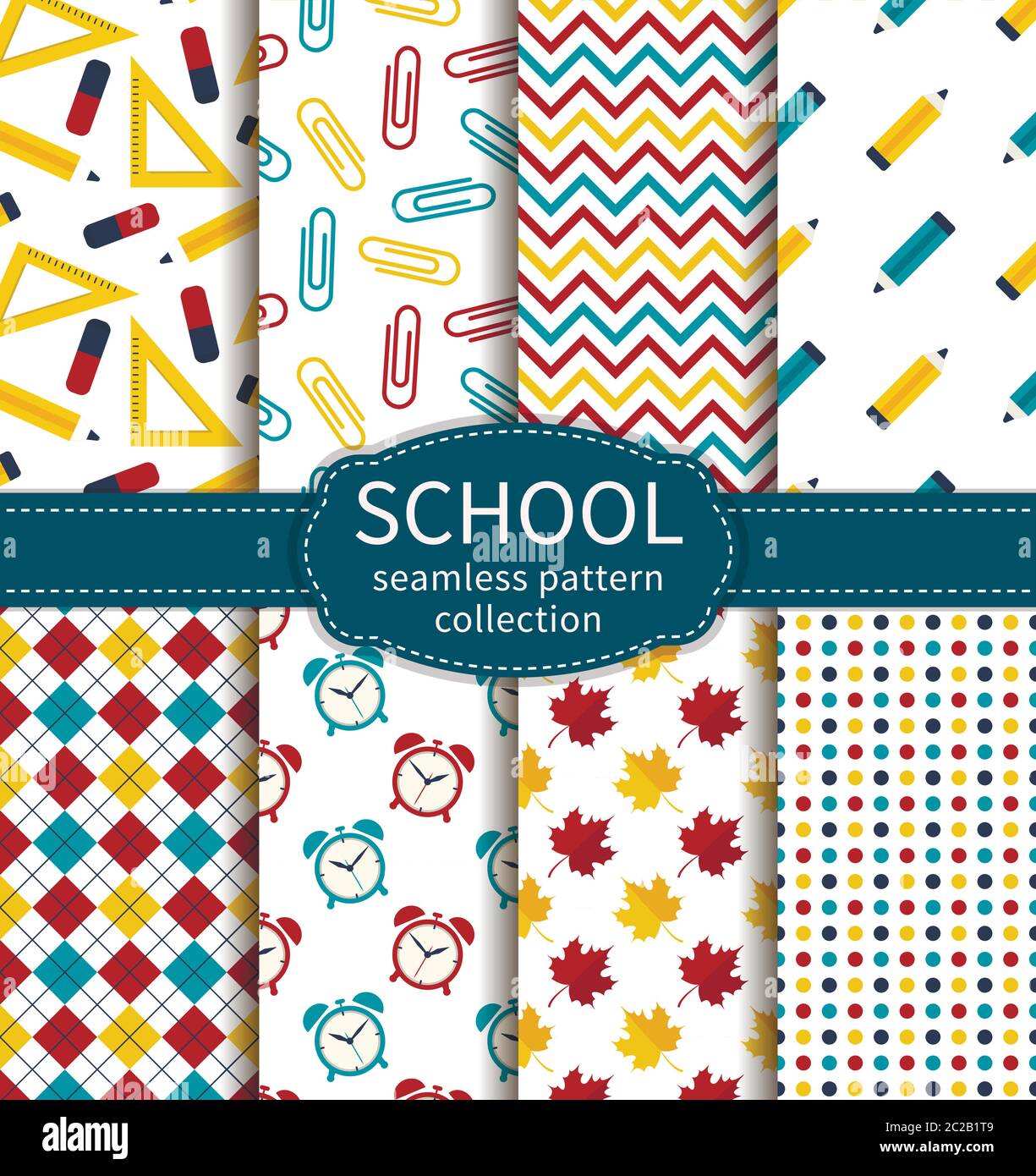 Retour à l'école. Ensemble de motifs colorés sans couture pour l'école et l'éducation. Collection de vecteurs. Illustration de Vecteur