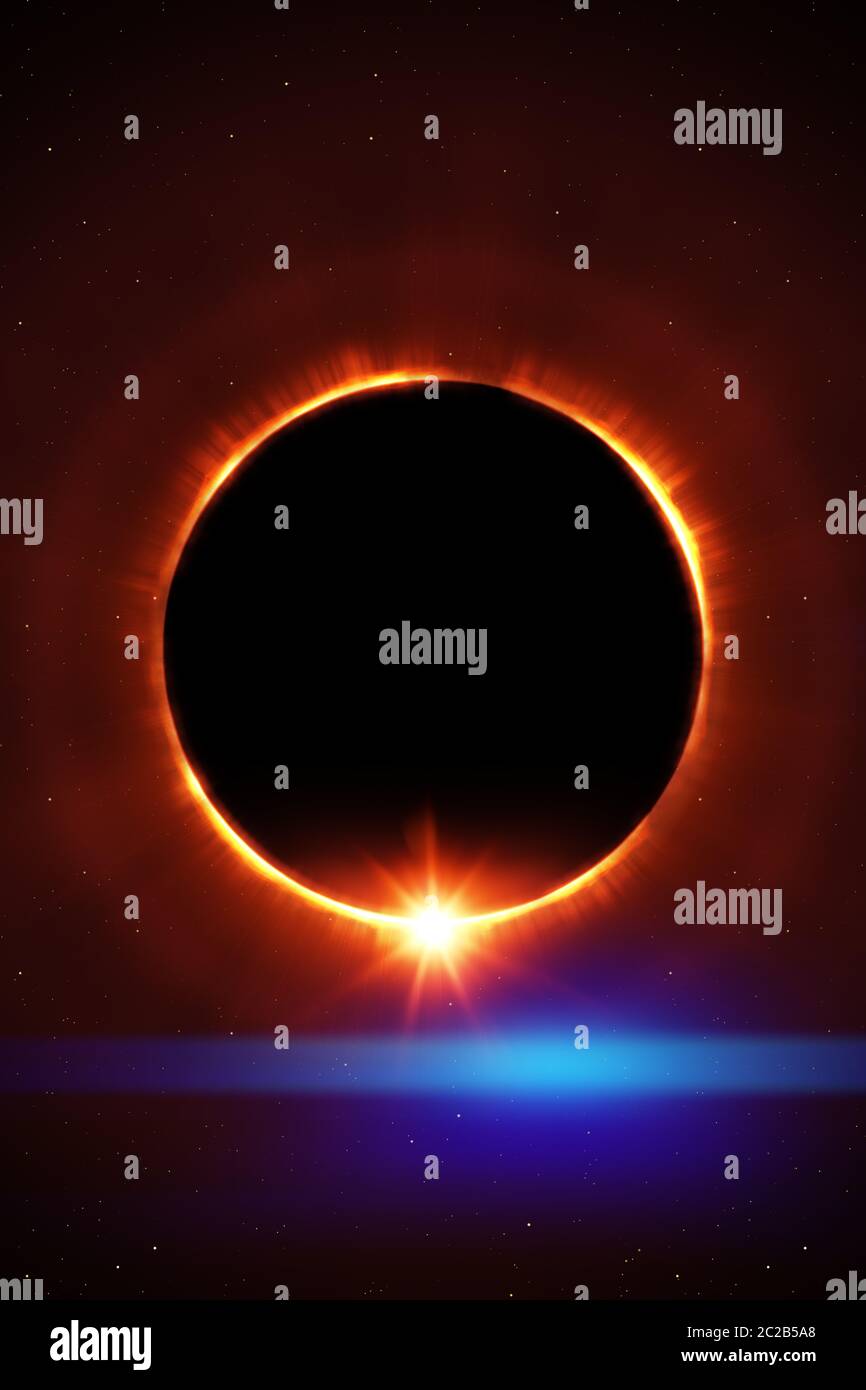 éclipse totale de soleil avec étoiles et reflets Banque D'Images