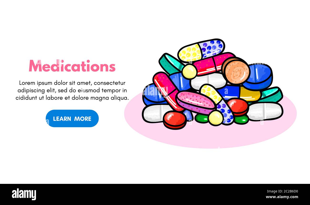 Fond vectoriel avec pilules et capsules. Médicaments ou compléments alimentaires. Doodle. Conception pour cliniques, hôpitaux, pharmacies. Boutique en ligne. Palier p Banque D'Images