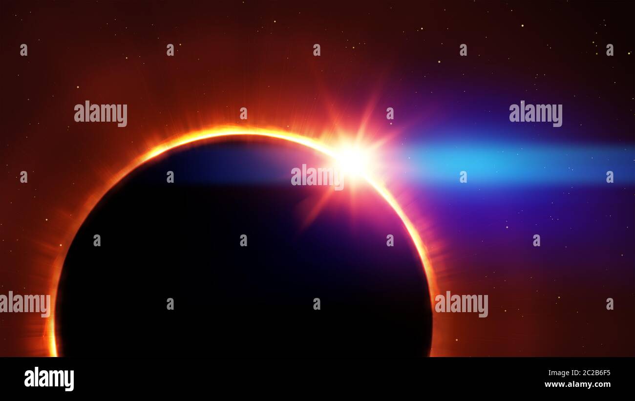 éclipse totale de soleil avec étoiles et reflets Banque D'Images