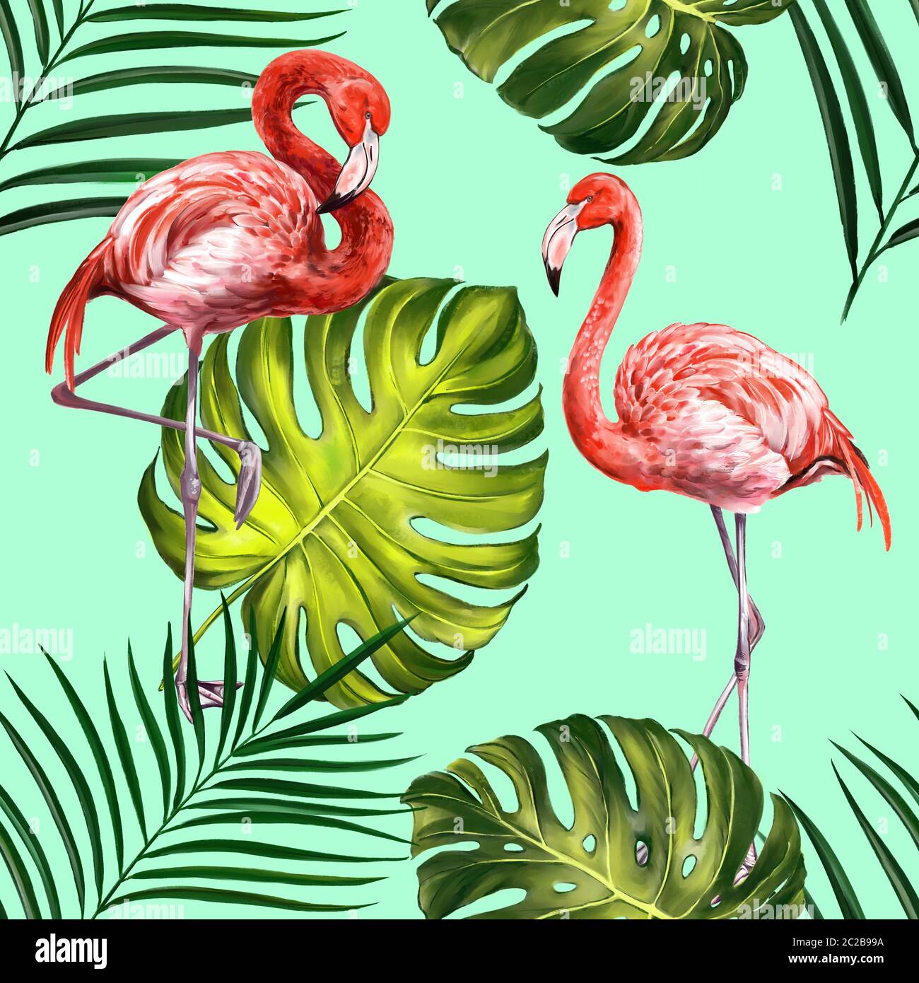 Flamants avec feuilles tropicales, beau motif floral d'été sans couture, fond, textures, textile, illustration d'art peint avec aquarelles. Banque D'Images