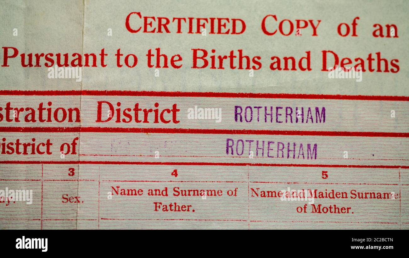 Certificat de naissance du Royaume-Uni, copie du document original du Royaume-Uni. Banque D'Images