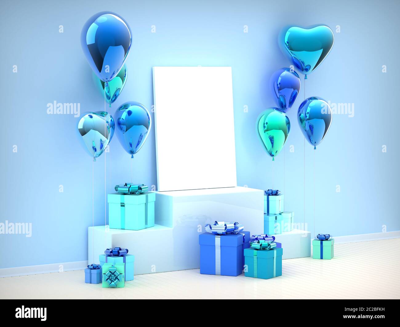 Imprimé poster maquette en toile avec ballon à coeur bleu, cadeau d'anniversaire et boîte cadeau de fête. Espace vide pour la publicité, la promotion, les bannières de médias sociaux. Chambre Blue Valentines, voie latérale. Banque D'Images