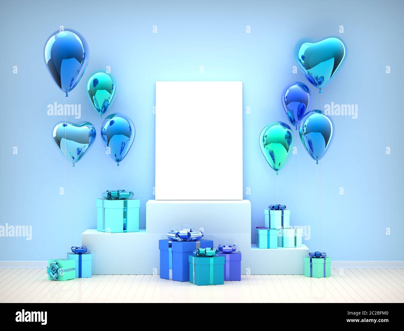 Imprimé poster maquette en toile avec ballon à coeur bleu, cadeau d'anniversaire et boîte cadeau de fête. Espace vide pour la publicité, la promotion, les bannières de médias sociaux. Chambre Blue Valentines. Banque D'Images