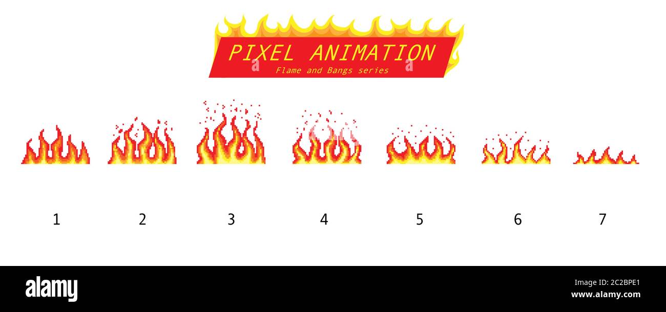 Pixel art 8 bits incendie d'objets. Icônes de jeu définies. Effets de flamme de rampe comique. Étapes du processus d'animation. Explosion explosion explosion explosion de la dynamite Flash avec de la fumée. Numérique Illustration de Vecteur