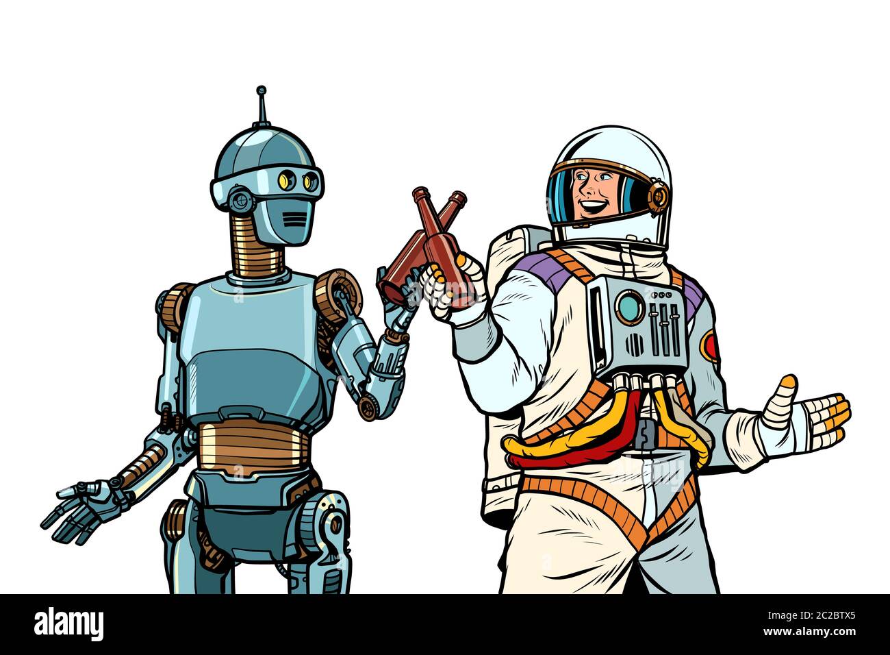 L'astronaute Robot et boire de la bière ensemble. Pop art retro kitsch vintage dessin illustration vectorielle Banque D'Images