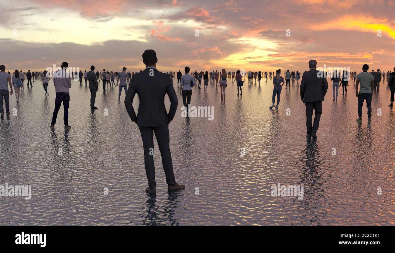 Beaucoup de gens marchent et se tiennent sur la surface de l'eau. Silhouettes humaines sur fond de coucher de soleil sur une mer calme. Superpouvoirs d'une personne. crea conceptuelle Banque D'Images