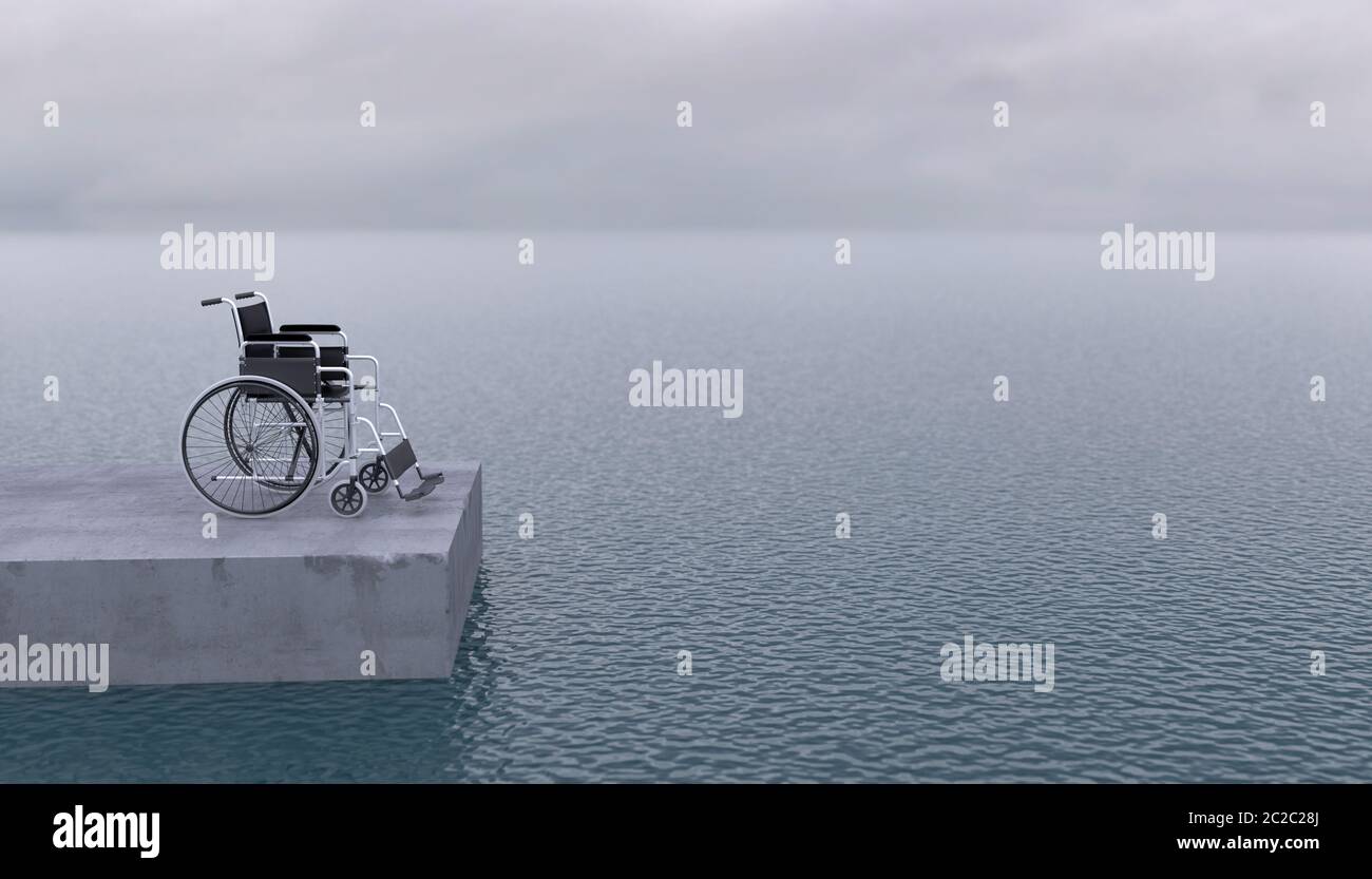 Un seul fauteuil roulant vide se dresse sur fond de mer calme par temps brumeux. Copier l'espace. Rendu 3D Banque D'Images