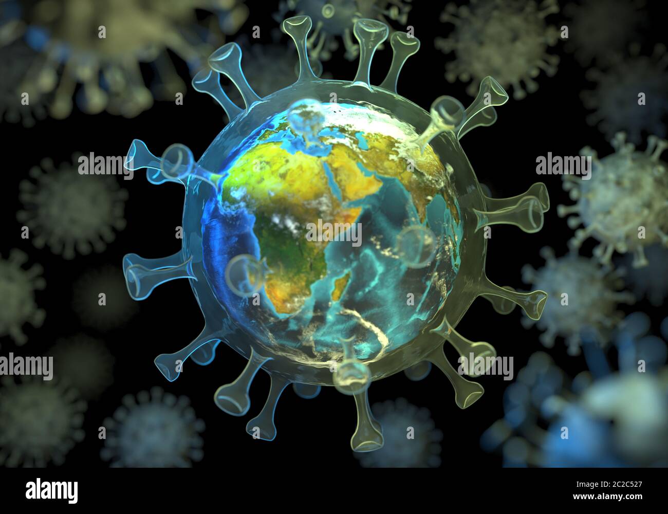 Planète Terre à l'intérieur de la cellule du coronavirus respiratoire chinois 2019-nCoV. Vue microscopique de la cellule virale Covid-19. La propagation mondiale de TH Banque D'Images