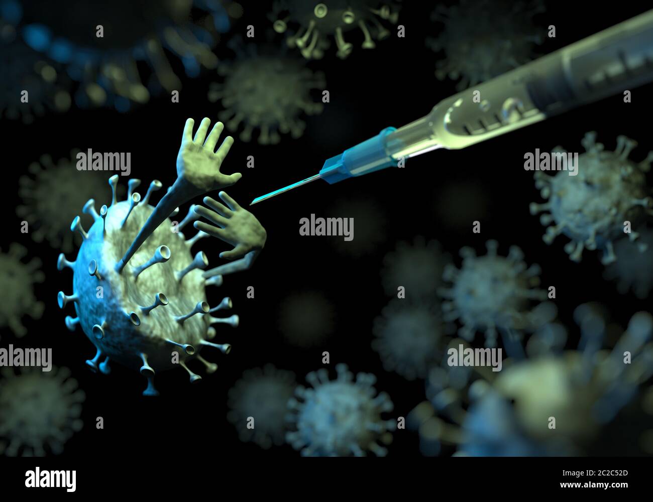 Vaccin contre le coronavirus respiratoire chinois 2019-nCoV. Illustration amusante. Vue microscopique de la cellule virale Covid-19. La médecine pour le traitement Banque D'Images