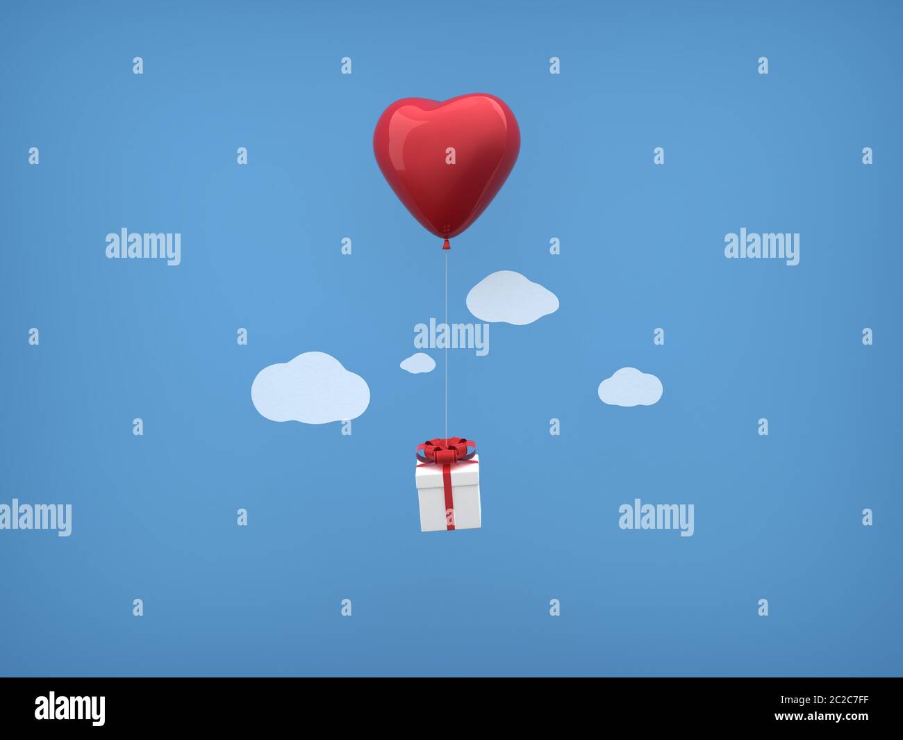 Ballons rouges et boîte cadeau avec un joli nuage pour l'anniversaire ou la fête. Maquette pour publicité, promotion, Noël, cadeau de Saint-Valentin. Arrière-plan bleu. Banque D'Images