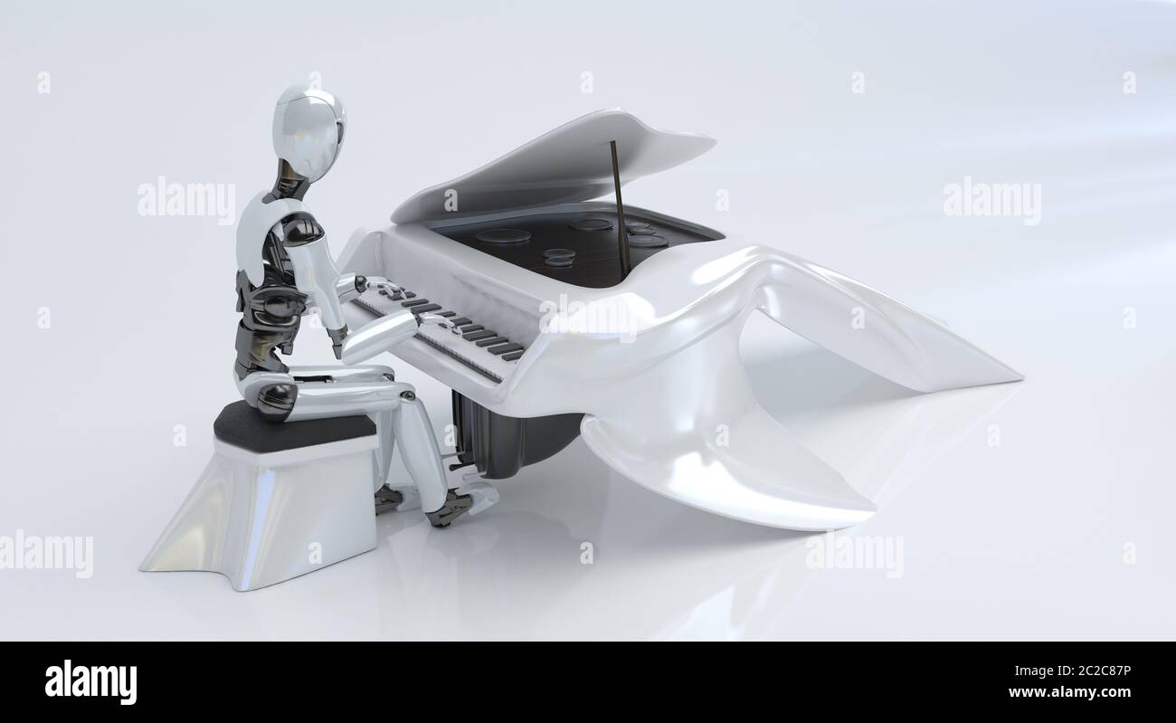 Un robot musicien humanoïde joue le piano blanc. Futur concept avec robotique et intelligence artificielle. Rendu 3D Banque D'Images