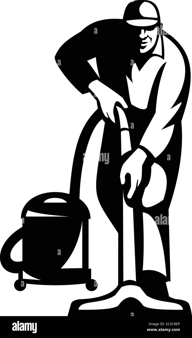 Illustration d'un ouvrier d'entretien aspirateur passant l'aspirateur avec l'aspirateur face à l'avant sur isolé fait dans un style rétro. Illustration de Vecteur
