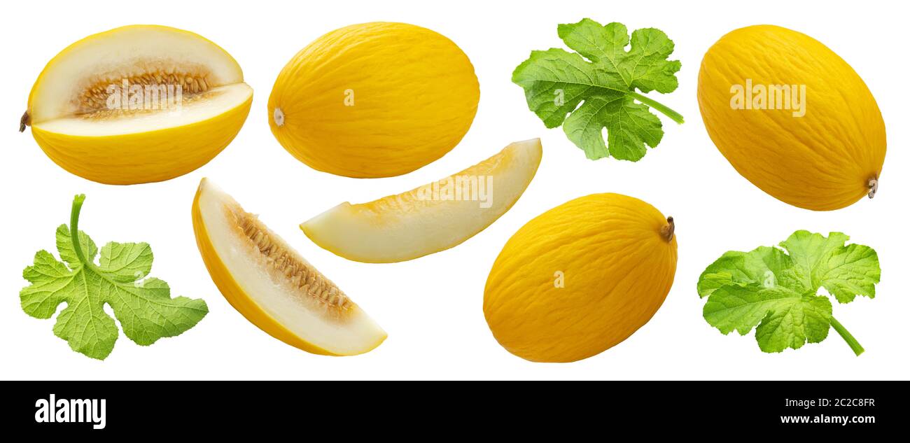 Melon miel doux avec des feuilles vertes isolé sur fond blanc
