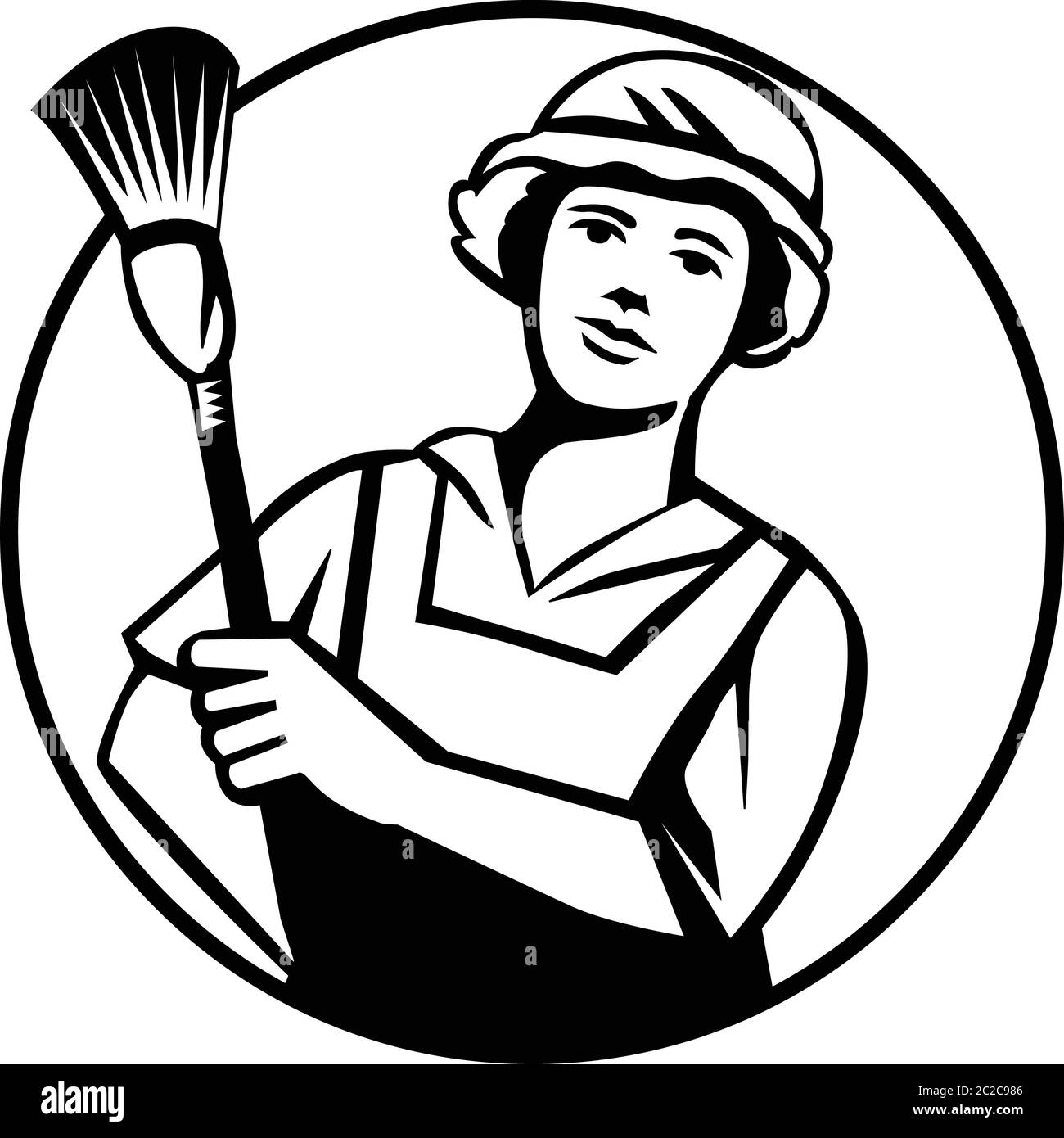Illustration noire et blanche d'un nettoyant femme de ménage tenant un plumeau vu de l'avant, à l'intérieur du cercle sur un arrière-plan isolé. Illustration de Vecteur