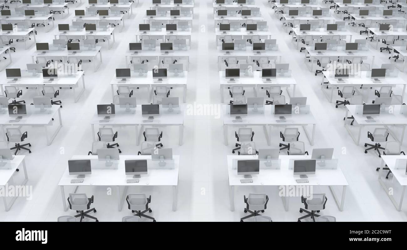 De nombreux postes de travail vides identiques avec des ordinateurs à l'intérieur d'un espace ouvert de bureau. Grande salle de bureau lumineuse en noir et blanc sans personne. 3D Banque D'Images