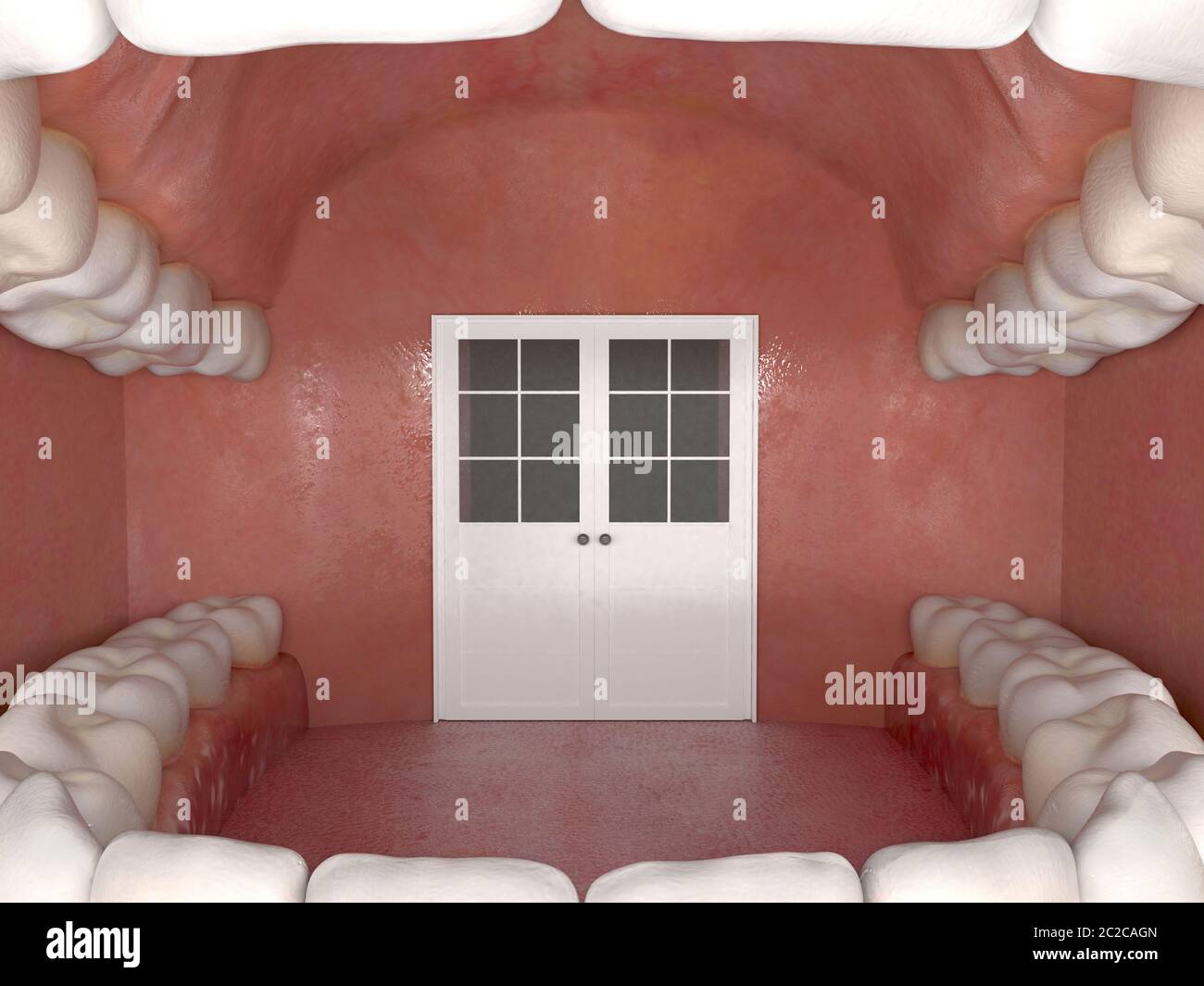 Intérieur créatif à l'intérieur de la cavité buccale humaine. Portes à l'intérieur d'une bouche ouverte. Cabinet dentaire. Soins dentaires et concept orthodontique. Rendu 3D Banque D'Images