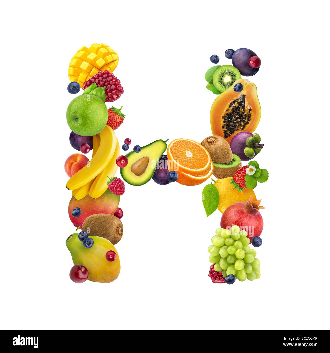 Lettre - H faites de différents fruits et de baies, fruits alphabet isolé sur fond blanc Banque D'Images