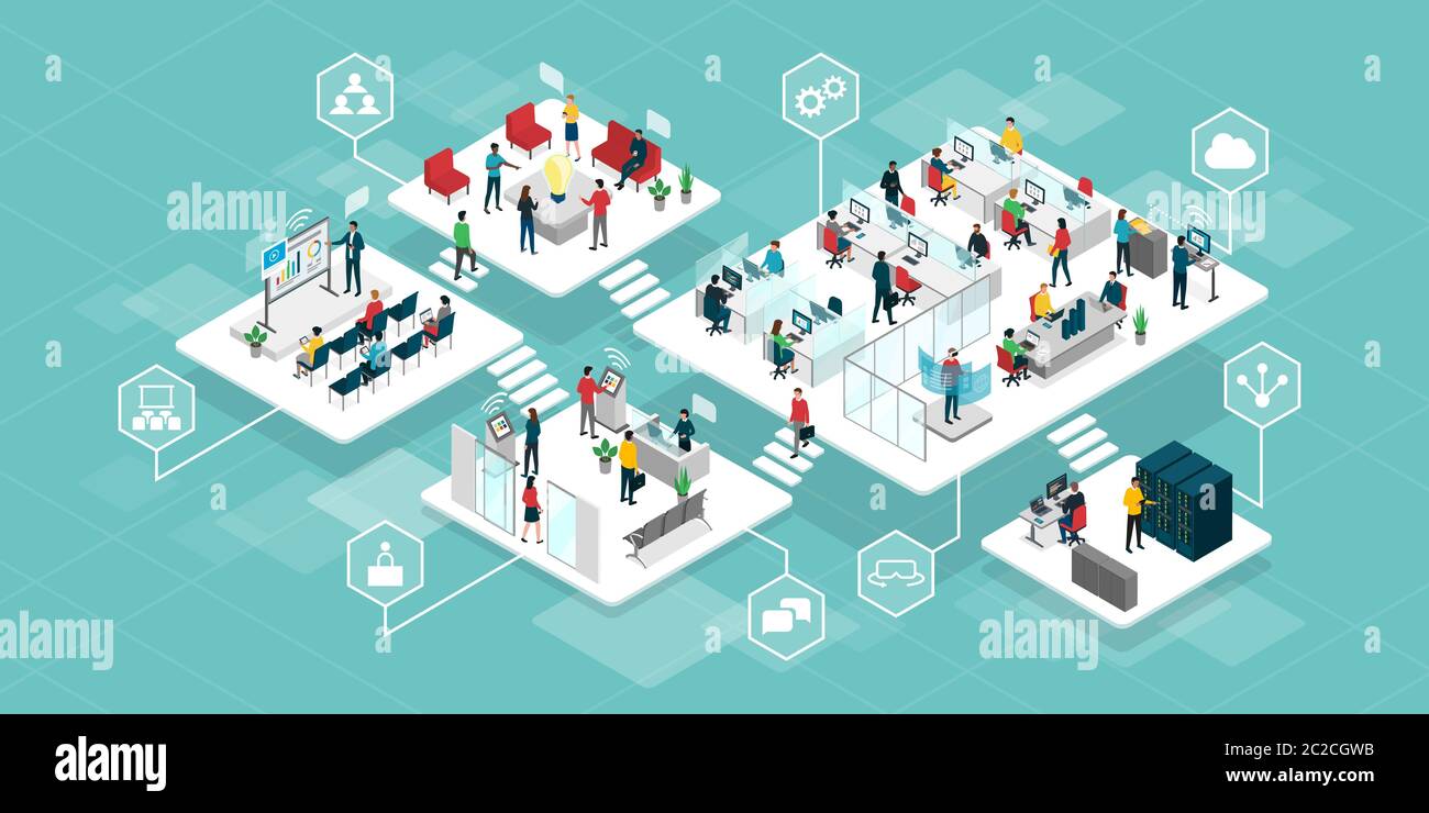 Entreprise innovante et efficace, les gens d'affaires travaillent ensemble dans un espace virtuel : bureau, salle de réunion, salle de conférence, salle de serveurs et réception Illustration de Vecteur Entreprise innovante et efficace, les gens d'affaires travaillent ensemble dans un espace virtuel : bureau, salle de réunion, salle de conférence, salle de serveurs et réception Illustration de Vecteur