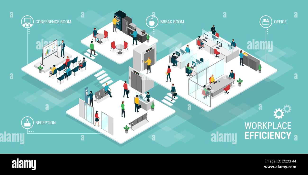 Espace de travail professionnel innovant et efficace et collaboration entre les professionnels : bureau isométrique, réception, salle de pause et salle de conférence Illustration de Vecteur Espace de travail professionnel innovant et efficace et collaboration entre les professionnels : bureau isométrique, réception, salle de pause et salle de conférence Illustration de Vecteur