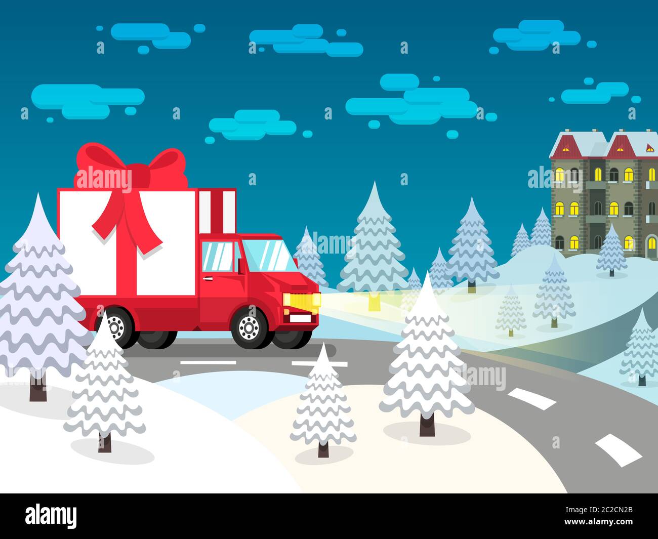 Un camion est chargé d'une boîte cadeau avec un arc rouge Illustration de Vecteur