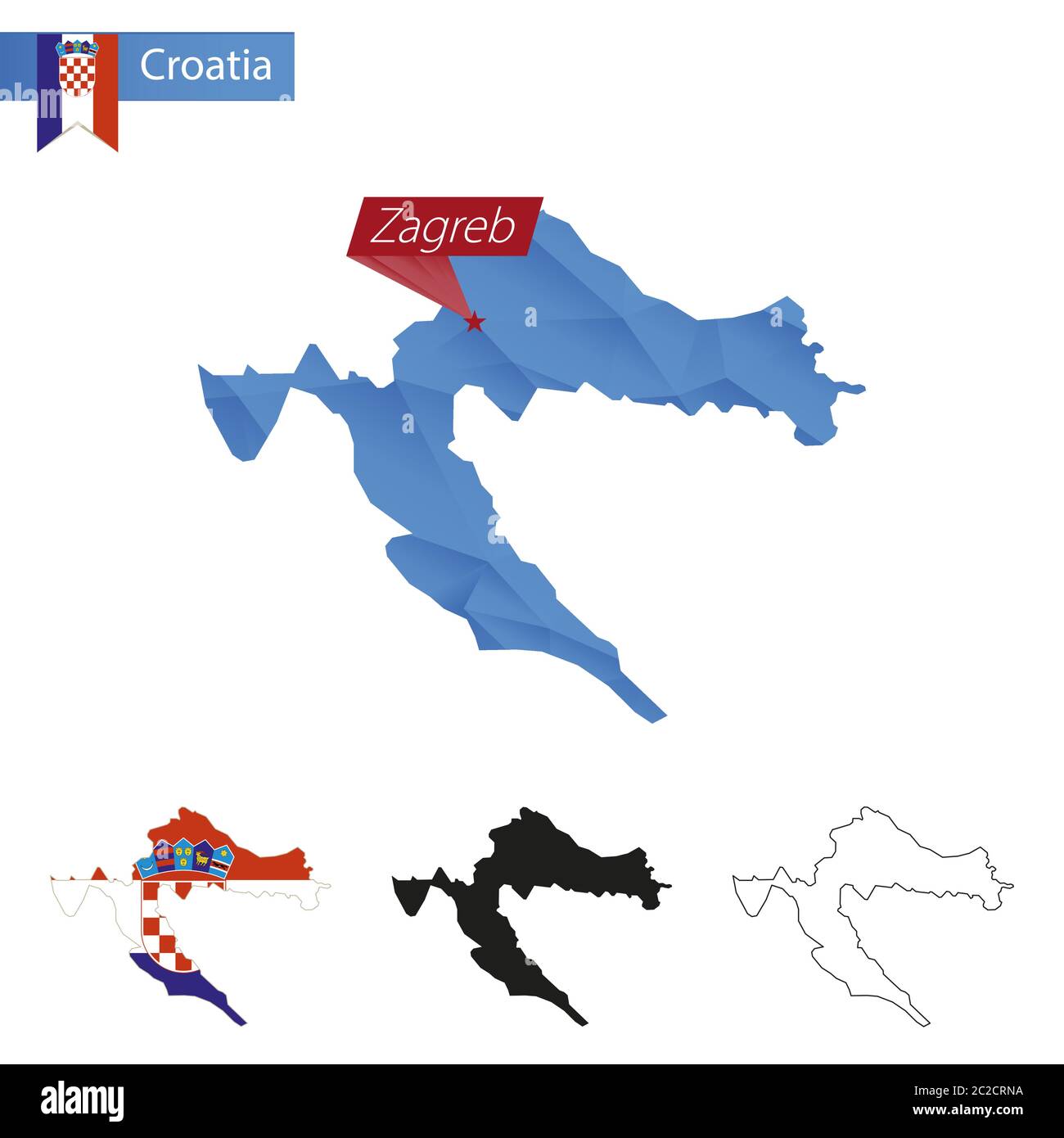 Carte bleu de Croatie de la Basse Poly avec la capitale Zagreb, versions avec drapeau, noir et contour. Illustration vectorielle. Illustration de Vecteur