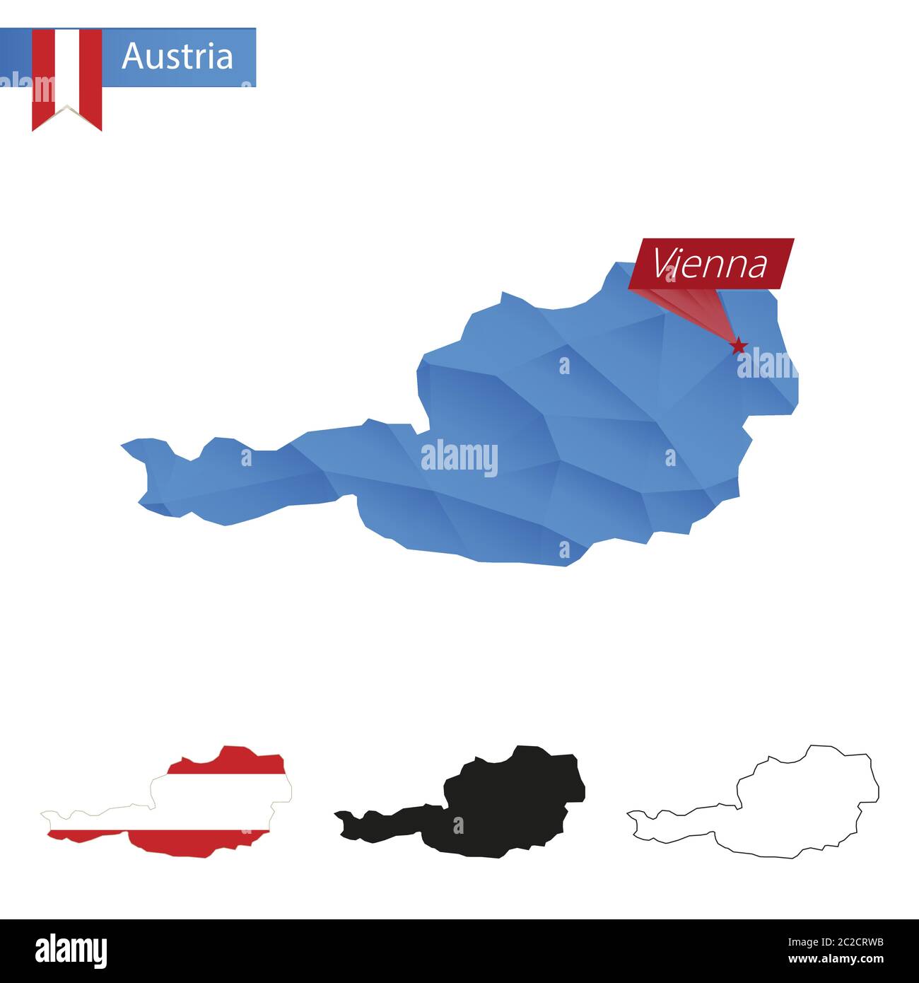 Carte bleu de l'Autriche Low Poly avec la capitale Vienne, versions avec drapeau, noir et contour. Illustration vectorielle. Illustration de Vecteur