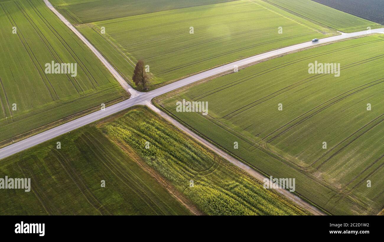Tir de drone d'une intersection au milieu de terres agricoles, Swabia, Bavière, Allemagne, Europe Banque D'Images