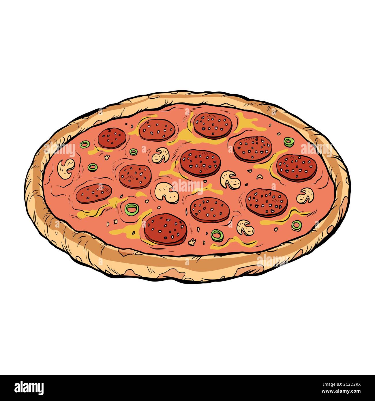Saucisse pizza champignons. Retro pop art dessin illustration vectorielle Banque D'Images
