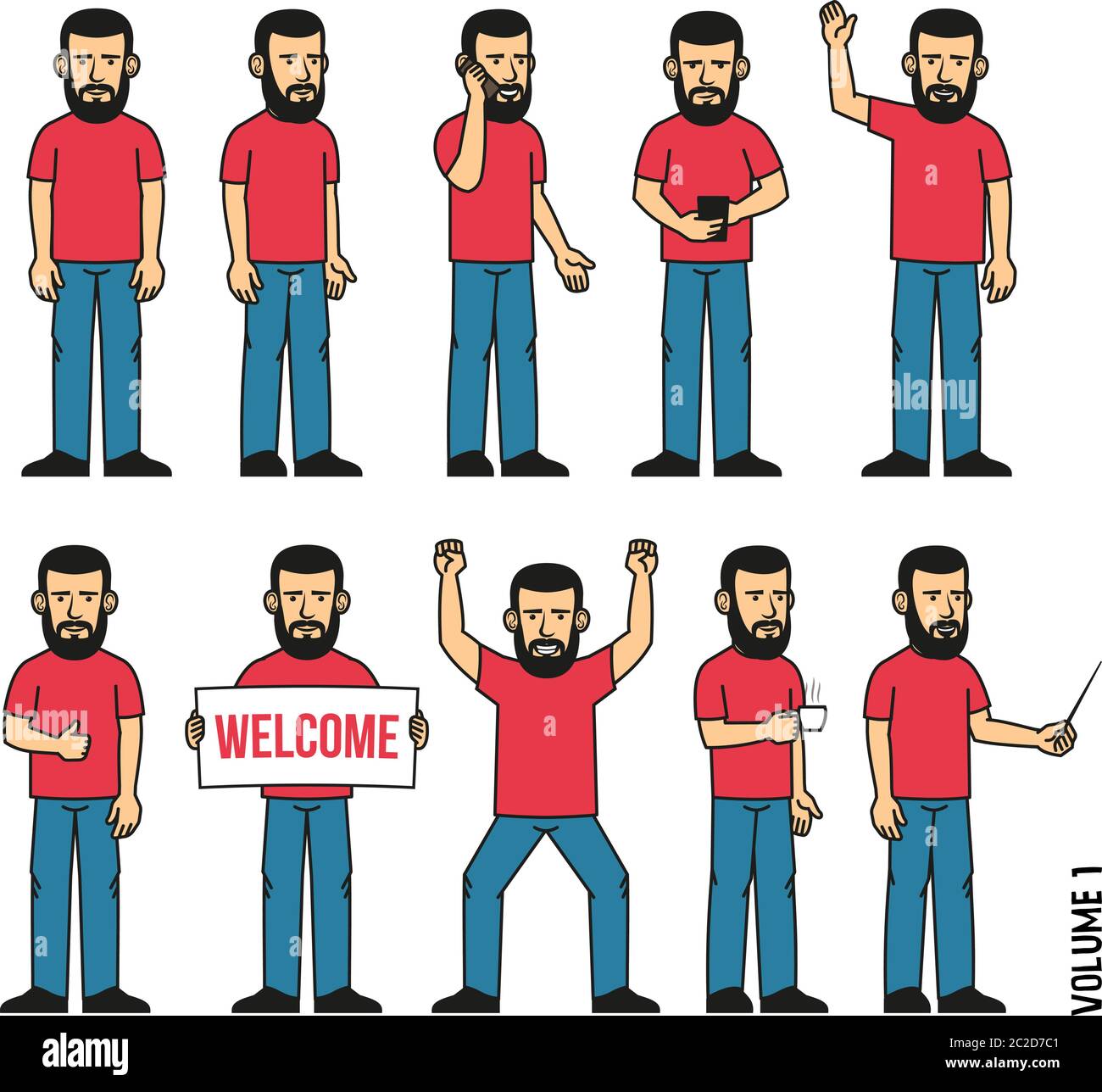 Ensemble de 10 poses d'un homme barbu Illustration de Vecteur